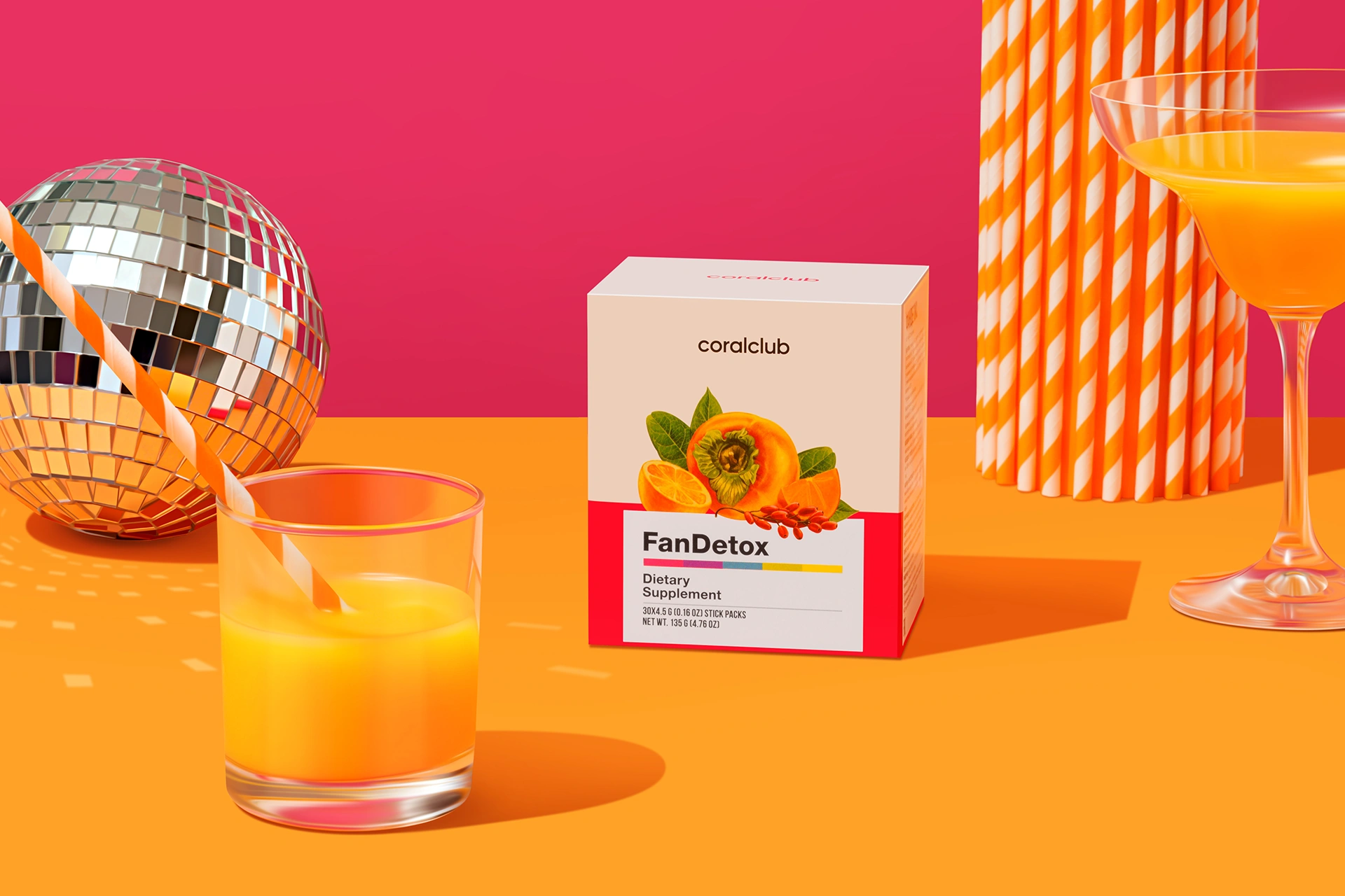 FanDetox stick packs in a lifestyle setting with fresh ingredients