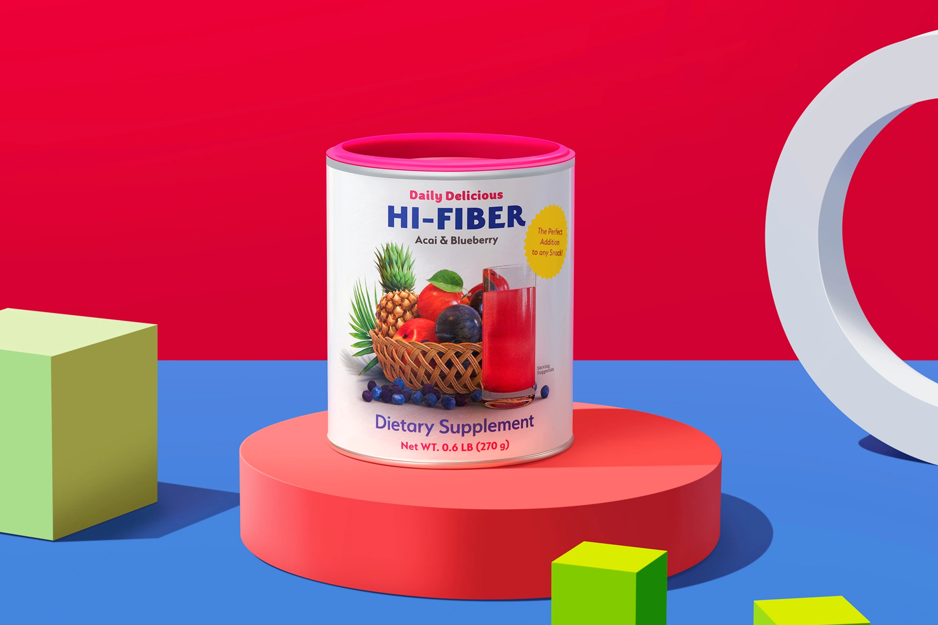 Measuring scoop with Daily Delicious Hi-Fiber powder next to a glass of fresh water
