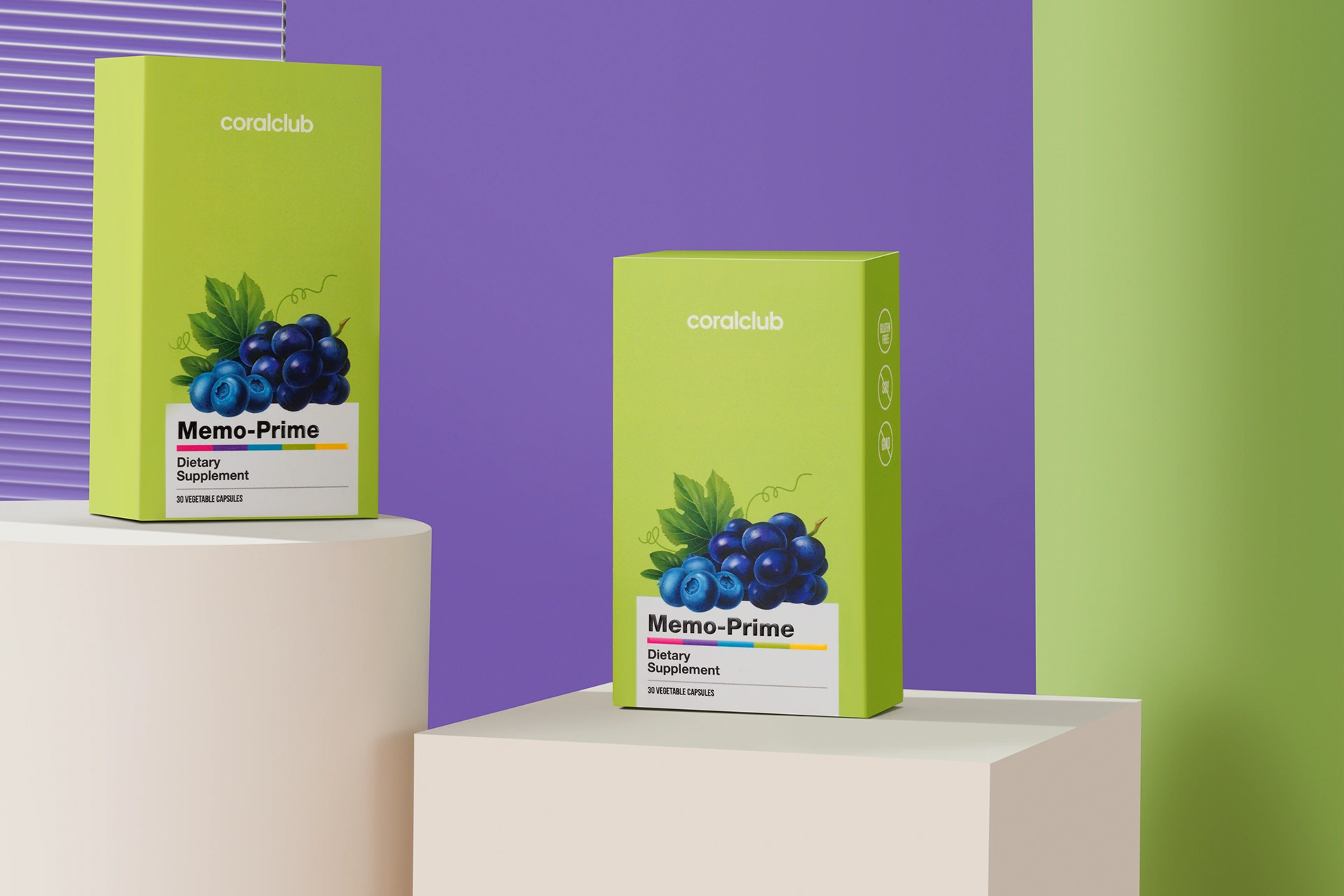 Memo-Prime capsules in a premium lifestyle setting next to ripe blueberries and grapes