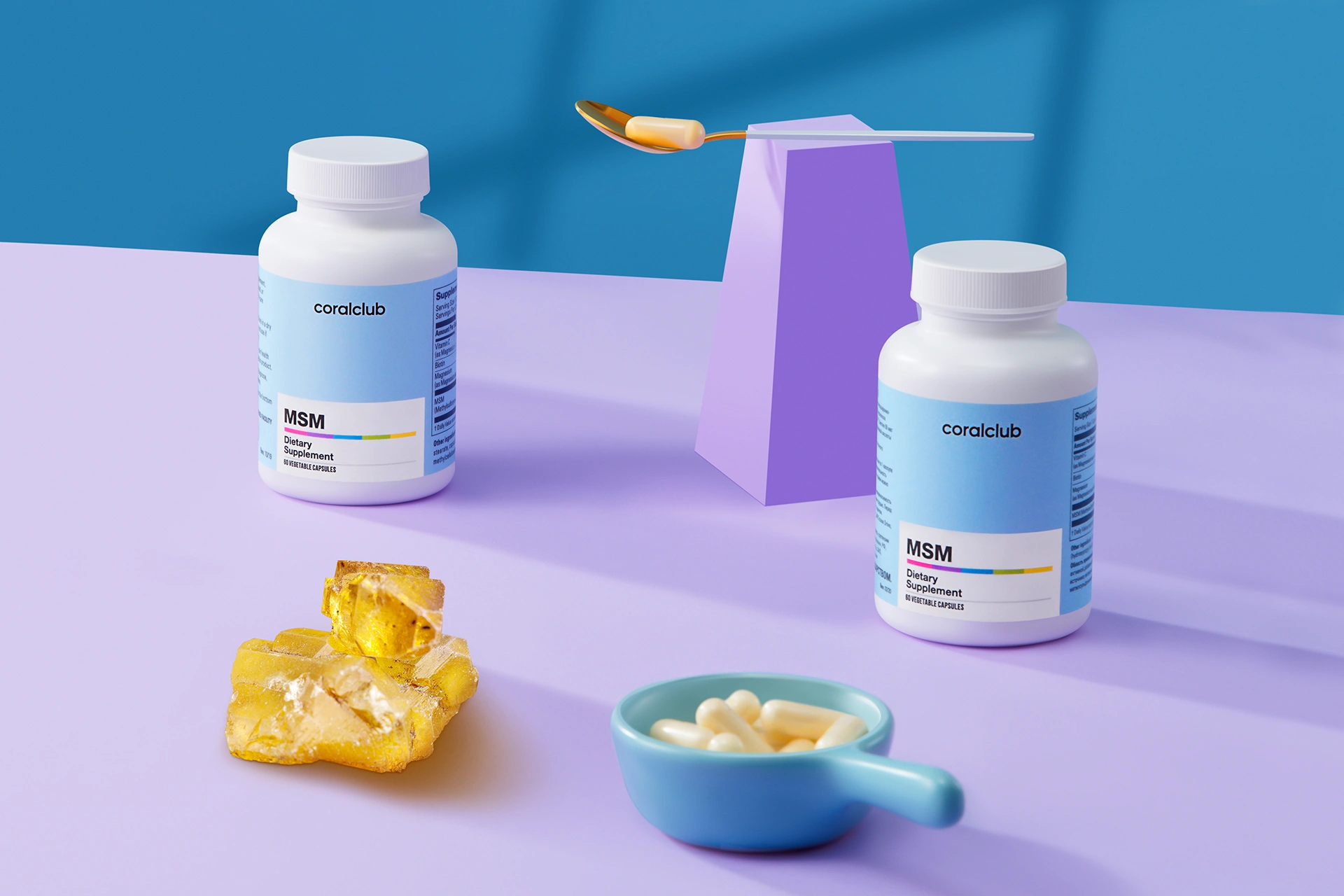 Convenient format of bioavailable sulfur MSM surrounded by health and beauty items