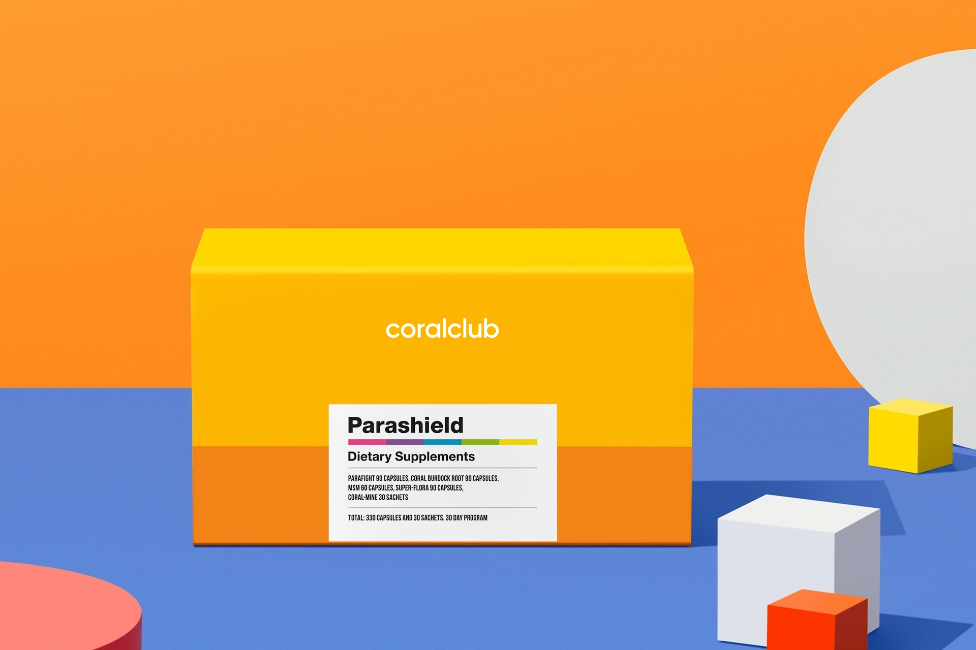 Parashield kit components against the background of fresh ingredients and greens