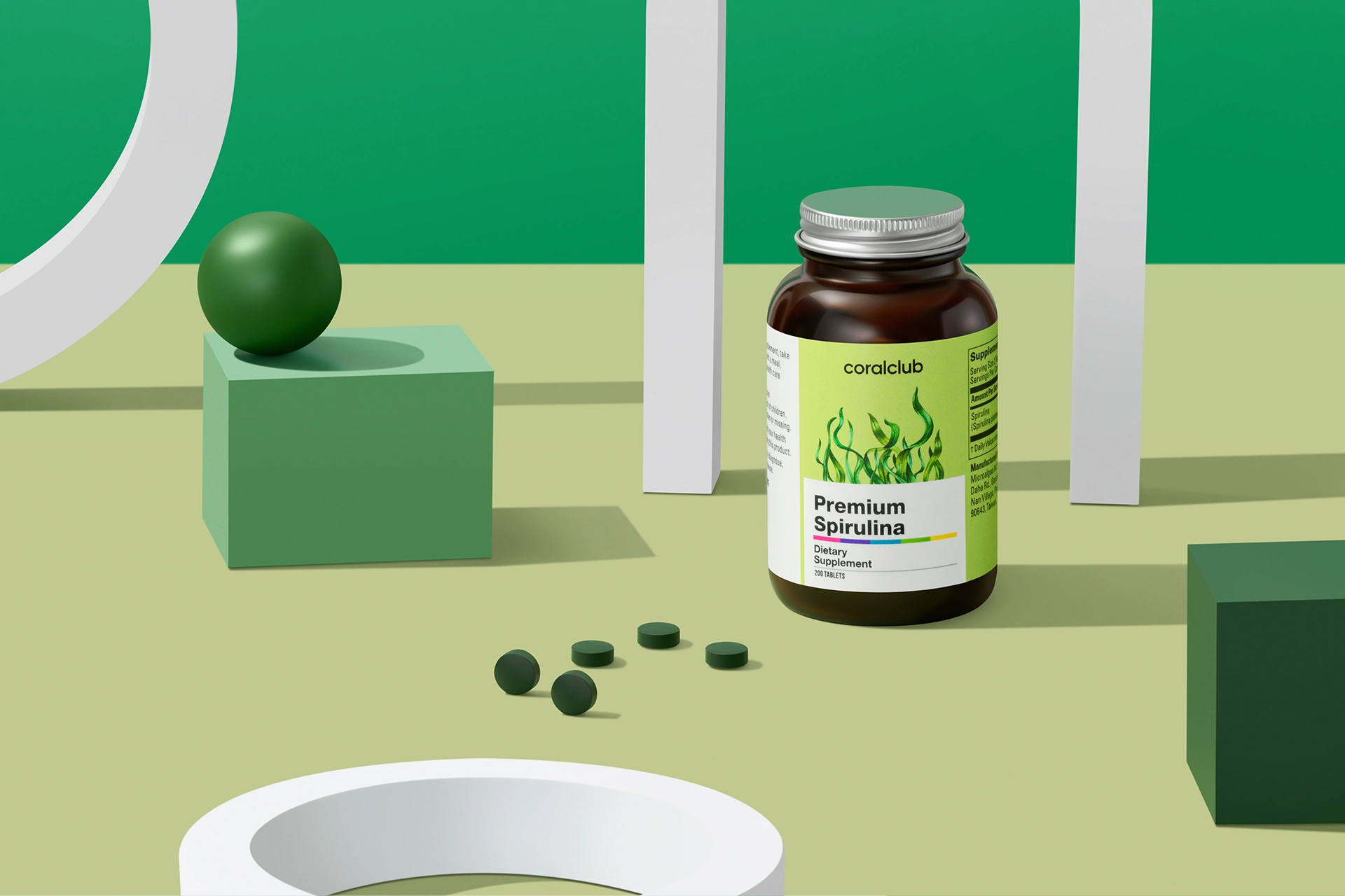 A bottle of Premium Spirulina in an aesthetic lifestyle setting on a table