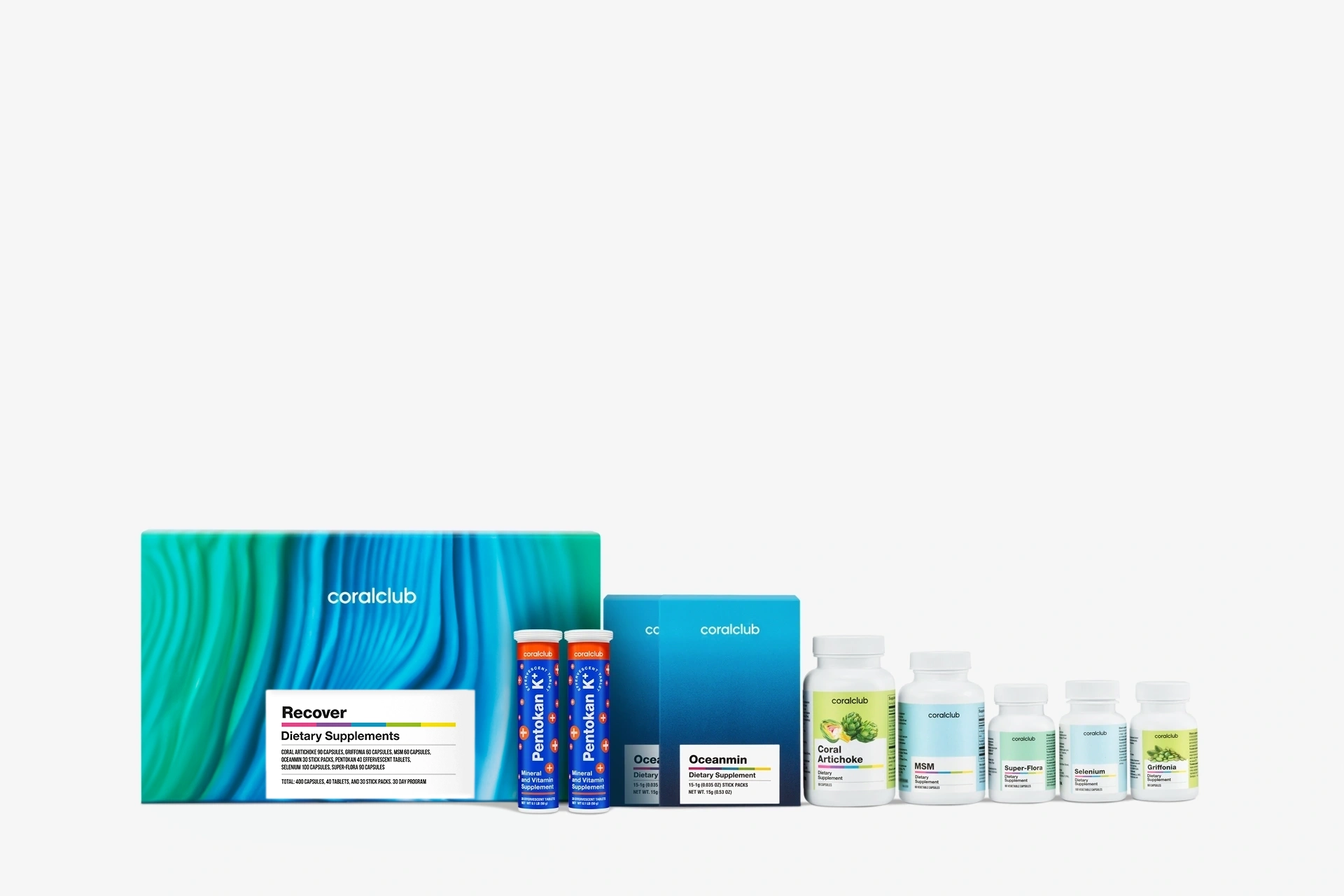 Recover program products lined up in an aesthetic lifestyle setting