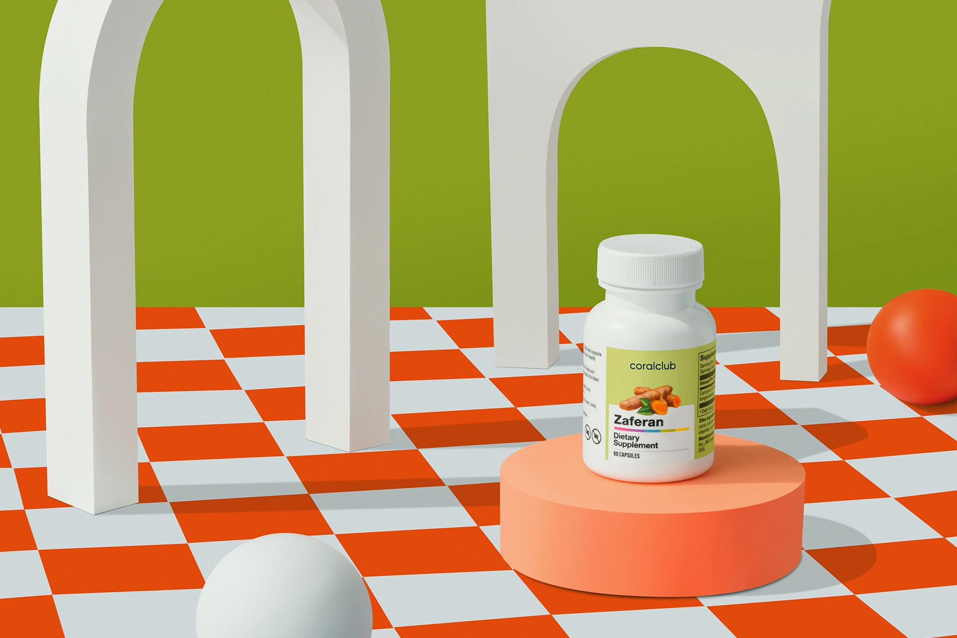 Zaferan complex capsules next to natural turmeric root in an aesthetic lifestyle setting