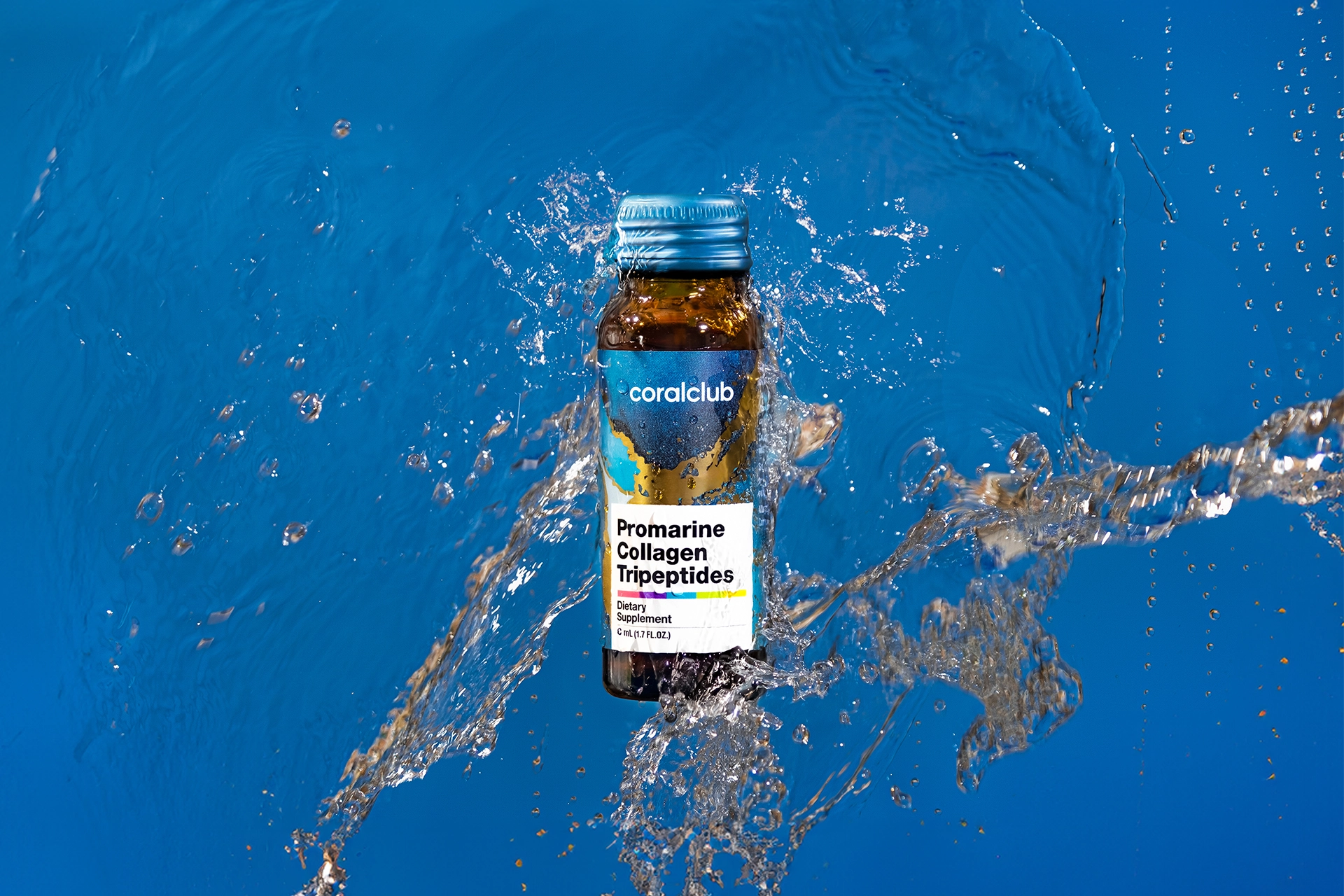 A glass bottle of Promarine Collagen Tripeptides submerged in pure water