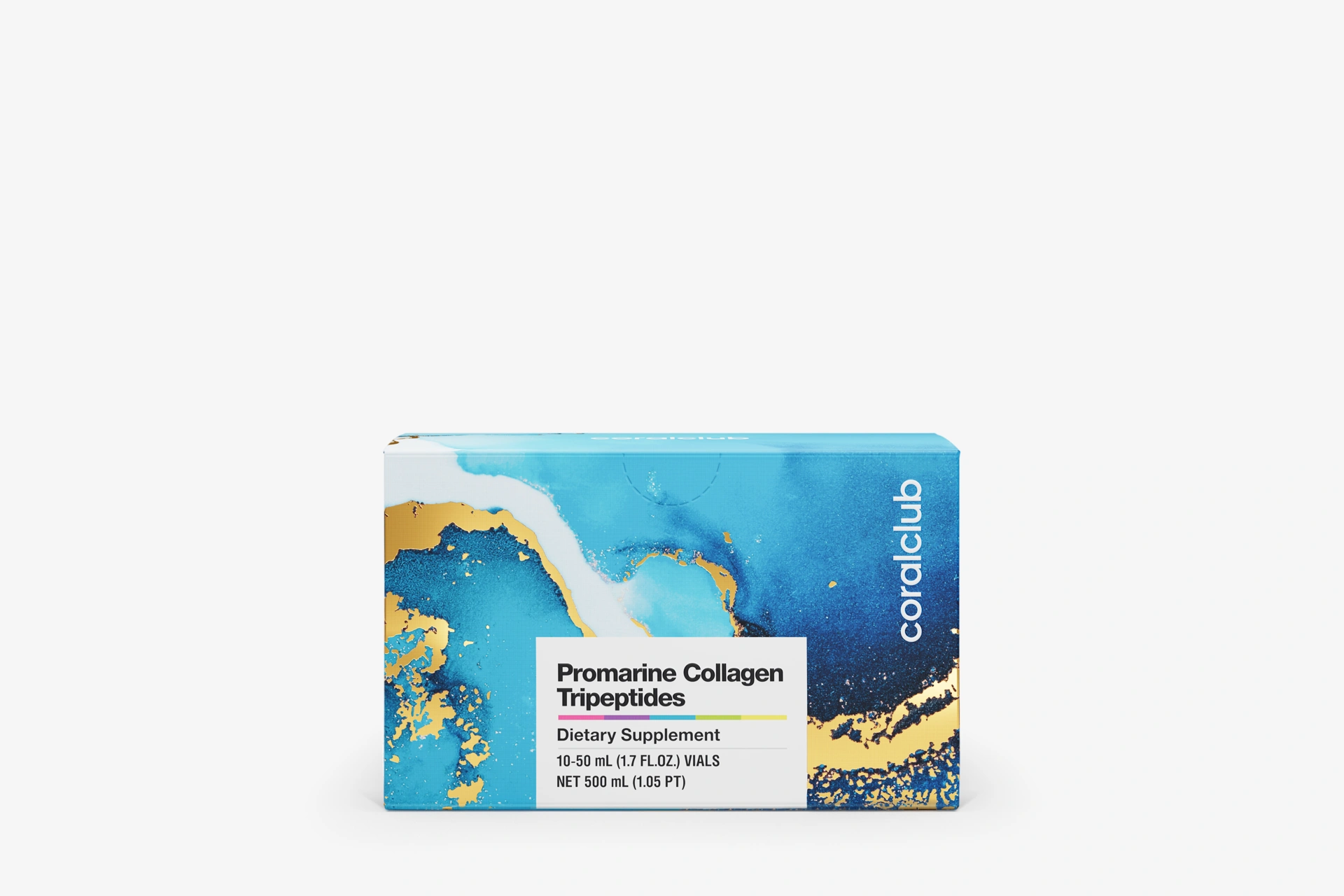 Packaging and bottles of Promarine Collagen Tripeptides complex on a light aesthetic background