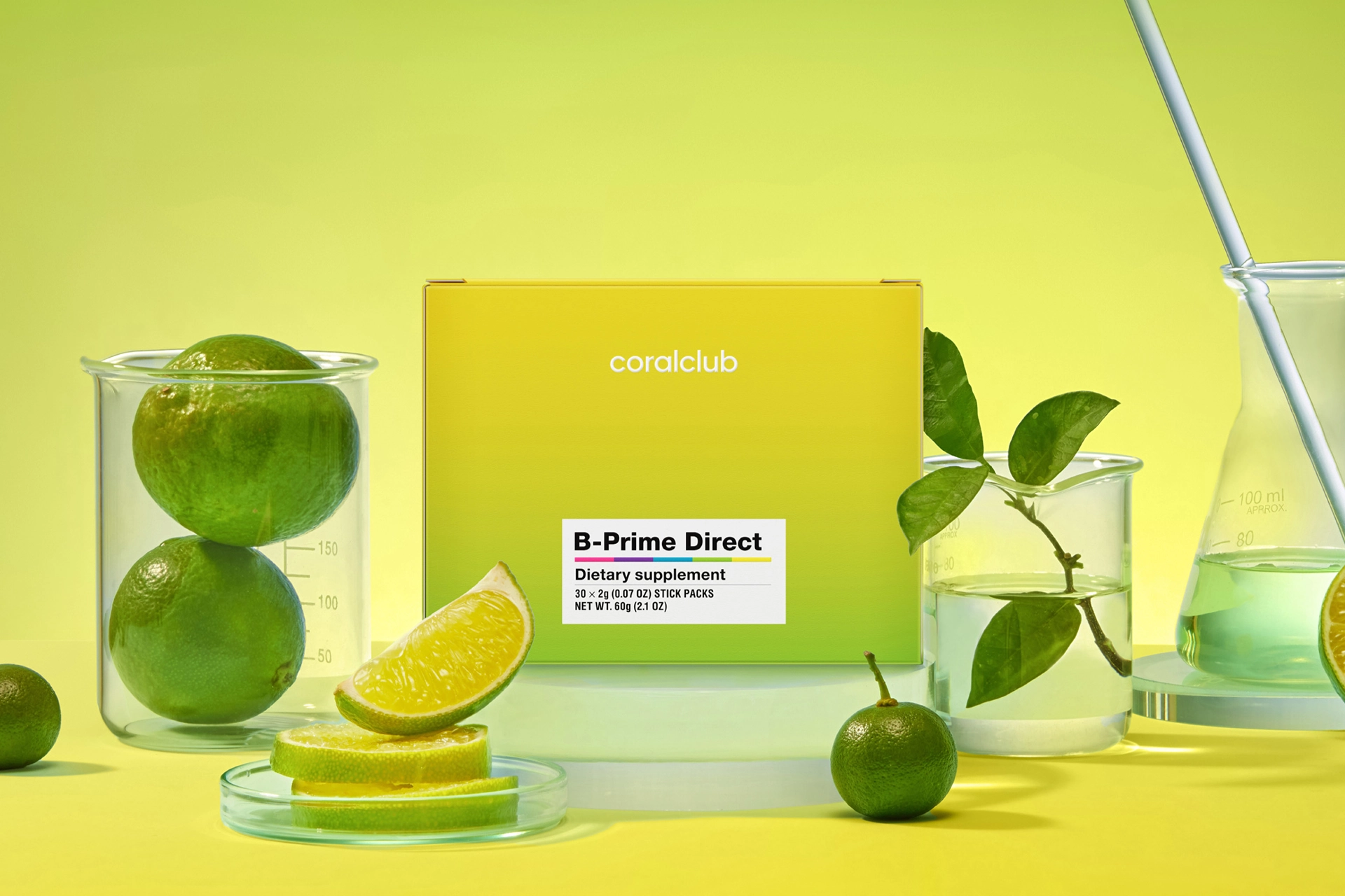 B-Prime Direct packaging in a lifestyle setting next to fresh fruits