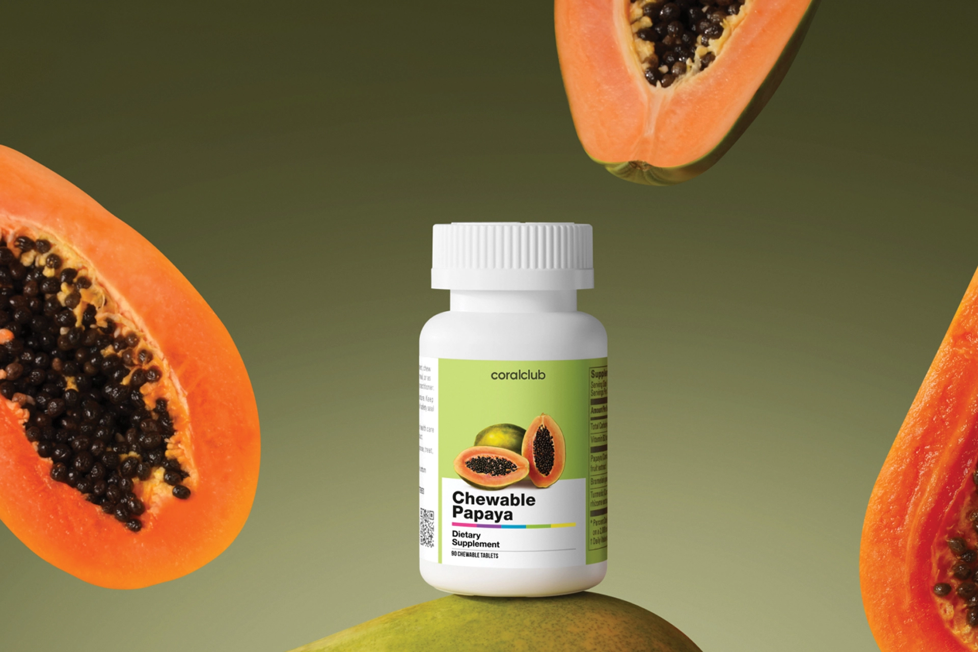 Chewable Papaya tablets format against a background of fresh papaya pulp