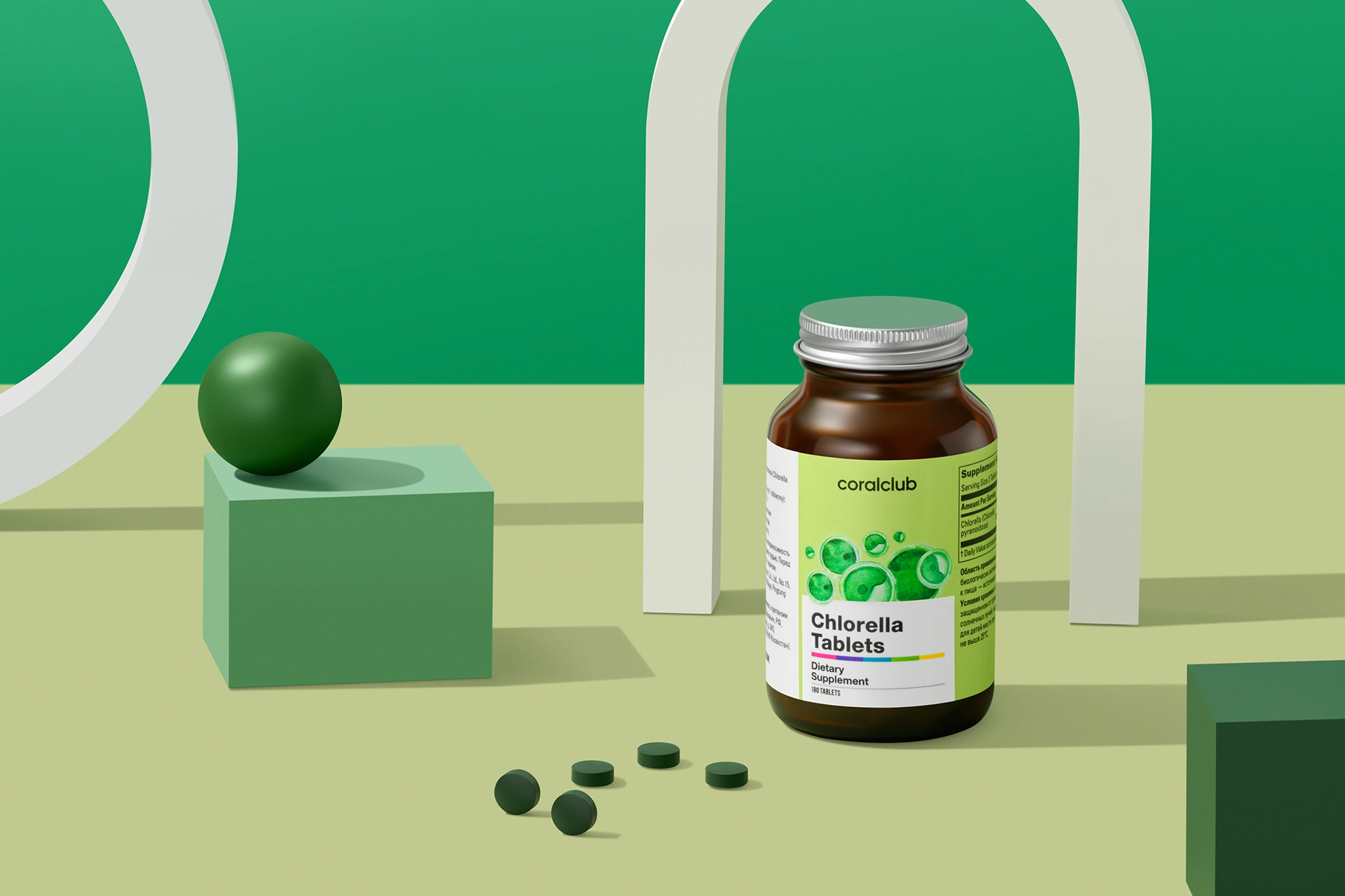Convenient format of Chlorella Tablets on a background of green textures and lifestyle elements