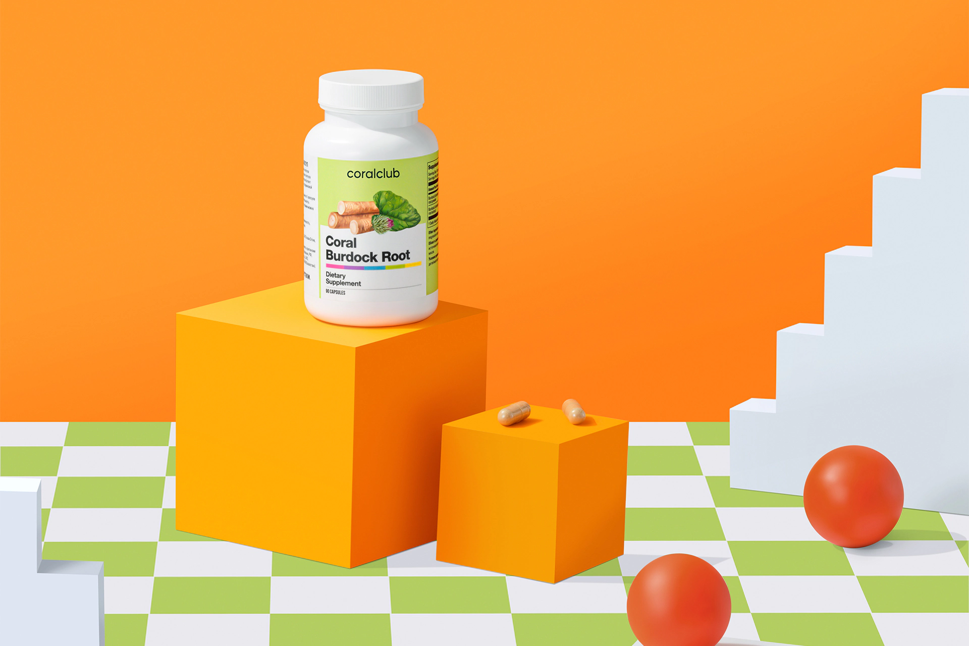 A bottle of Coral Burdock Root in a lifestyle composition with fresh greenery