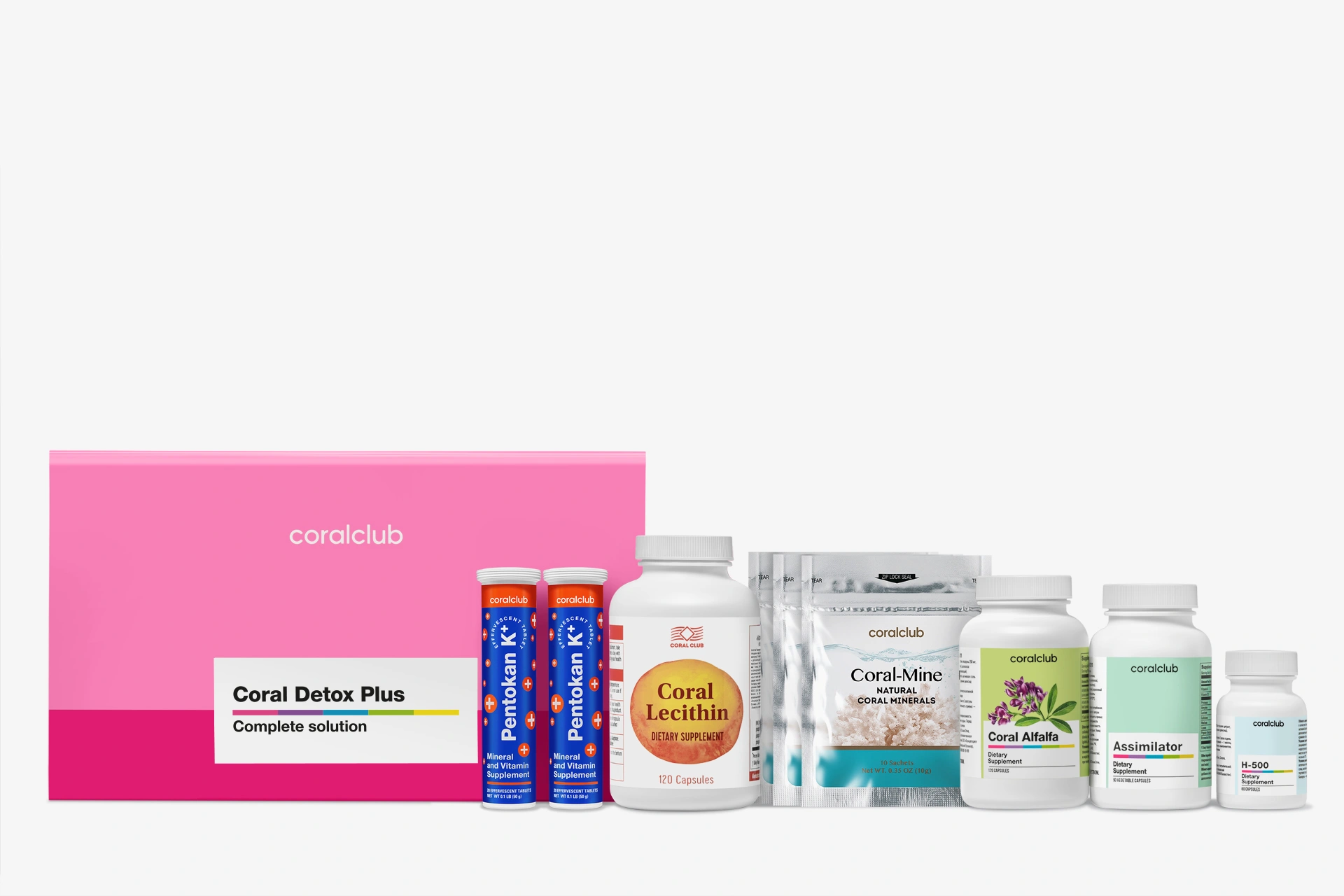 Arrangement of all components of the Coral Detox Plus program for daily intake